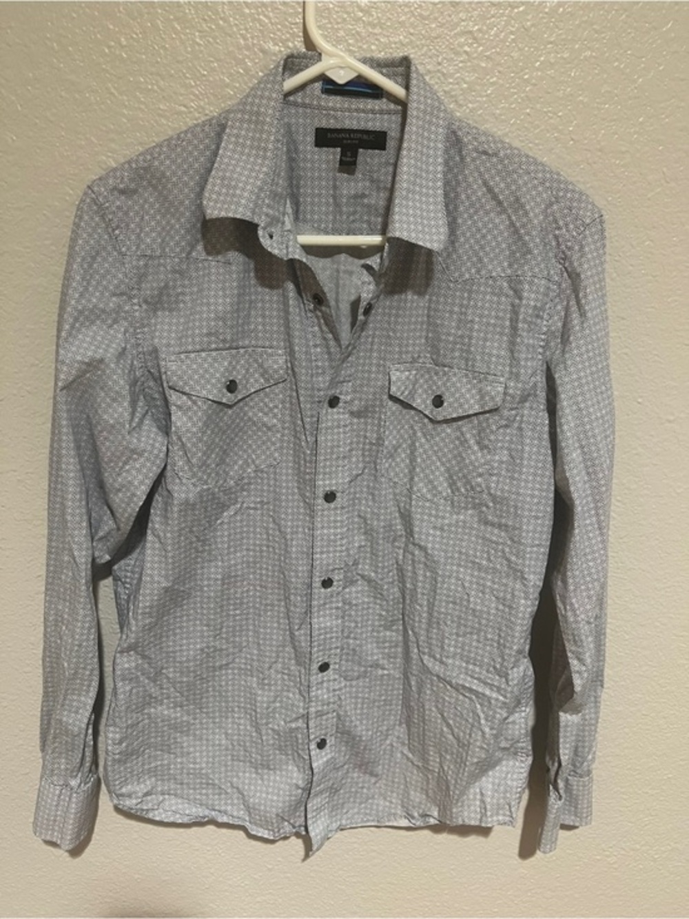 Banana Republic Light Blue & White Micro-Pattern Snap Button-Down Shirt Small